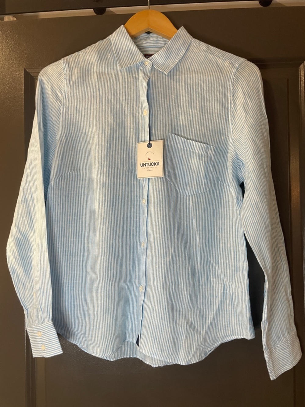 UNTUCKit Light Blue /White Striped Button-Down Shirt 100% Linen 4 quiet luxury
